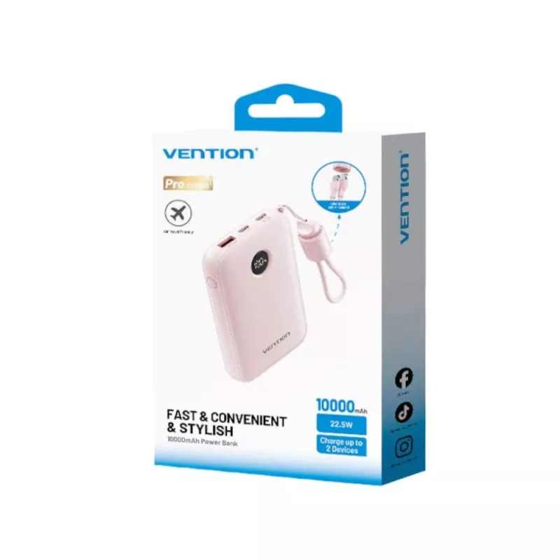 Powerbank Vention FKAP0-C 10000 mAh, 2× USB-C + 1× USB-A, 22,5 W, roze