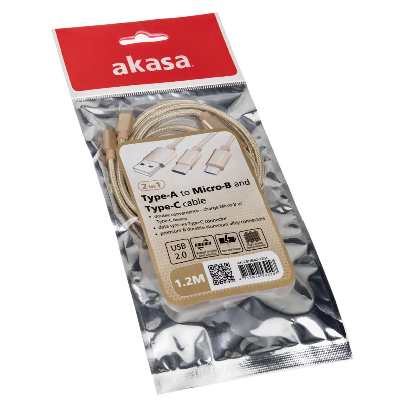 Akasa AK-CBUB42-12GL USB-kabel 1,2 m USB 2.0 USB A USB C/Micro-USB B goud (AK-CBUB42-12GL)