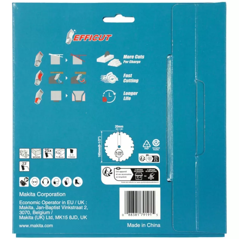 Makita Efficut B-62985-2 cirkelzaagbladen, 165 x 20 mm, 25 tanden, 2 stuks