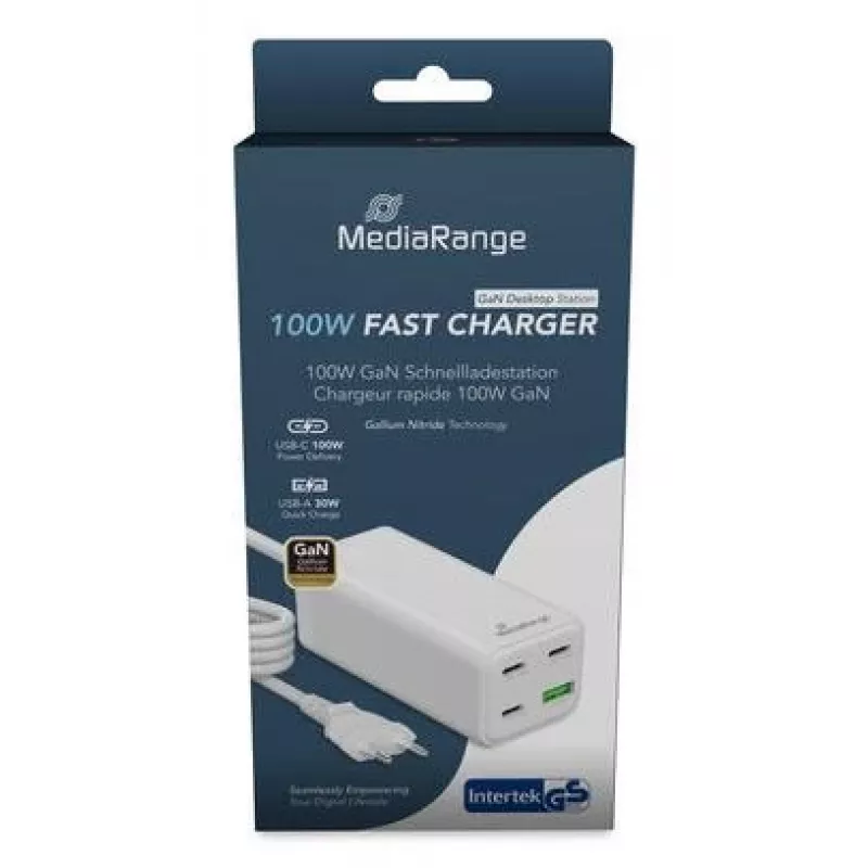 MediaRange MRMA124 mobiele oplader 100W AC, 3x USB-C, 100–240V ingang, 1,5 m kabel, wit