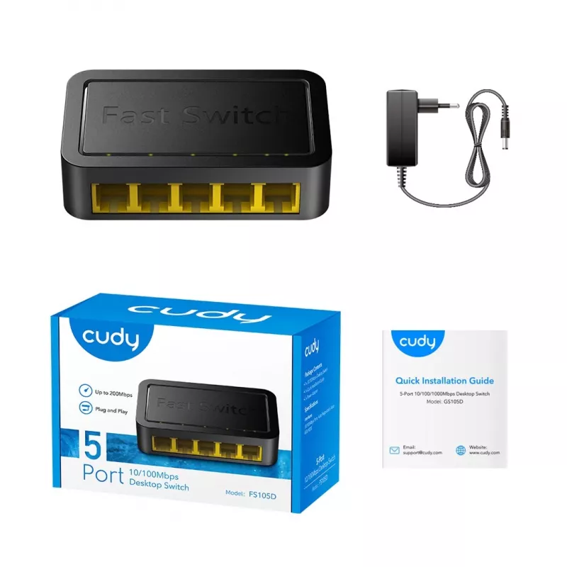 Netwerkswitch Cudy FS105D — 5-poorts Fast Ethernet 10/100, 1 Gbit/s switching, zwart