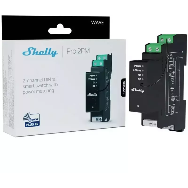 Shelly Wave Pro 2PM LR tweekanaals Z-Wave DIN-railcontroller