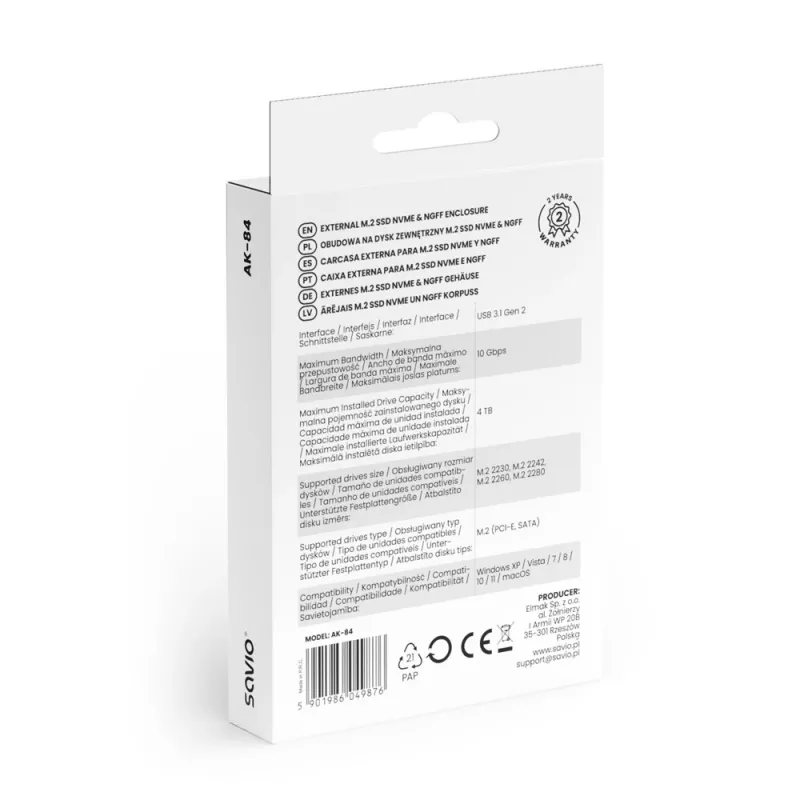 SSD-behuizing SAVIO AK-84 zwart voor M.2-schijven, USB 10 Gbit/s (Type-A / Type-C), aluminium + ABS