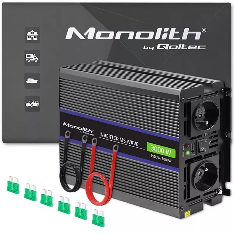 Omvormer QOLTEC Monolith 3000 MS Wave, 12V→230V, 1500/3000W, met USB