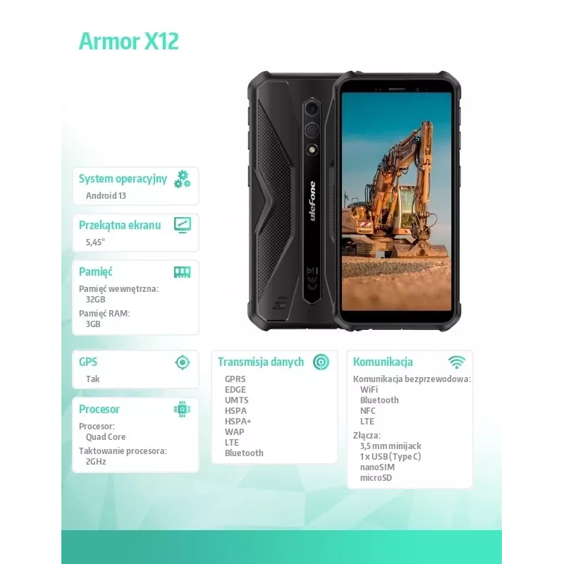 Robuuste smartphone UleFone Armor X12 — 3 GB RAM, 32 GB opslag, geheel in zwart