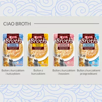 Natte kattenlekkernij INABA Ciao Broth kip & tonijn 40 g — vlezige vloeibare snack in zakje, 9,4% eiwit, 88% vocht