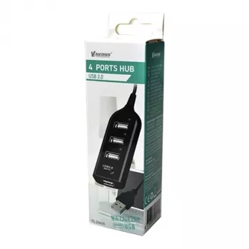 VAKOSS USB-hub TC-234UX — 4-poorts USB 2.0-hub, DC-voeding (5 V, 1 A), zwart