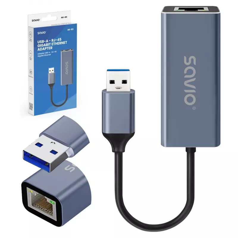 Netwerkinterface-adapter SAVIO AK-83 USB Type-A naar RJ-45 stekker, 5 Gbit/s, zwart