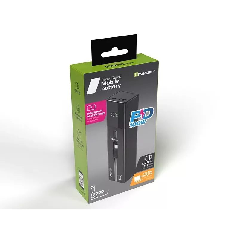 Draagbare powerbank TRACER Quant 10000 mAh Li-Ion, PD & QC3.0, 3 aansluitingen (2×USB-C, 1×USB-A), 100W, zwart