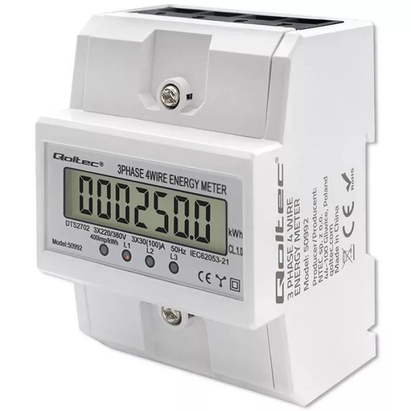 Driefasige elektronische meter QOLTEC 50992 400V 100A