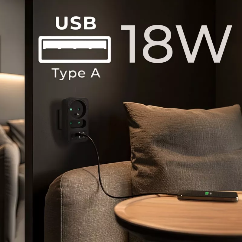 Power splitter MACLEAN MCE249 F/B – 2 AC-stopcontacten (16A + 6A) met 2×USB-A en 2×USB-C PD 20W, EU-stekker, zwart