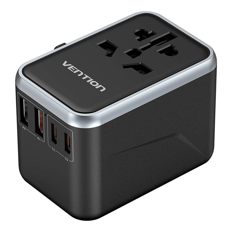 Vention 65W GaN reisadapter en oplader, 2x USB-A 2x USB-C, zwart