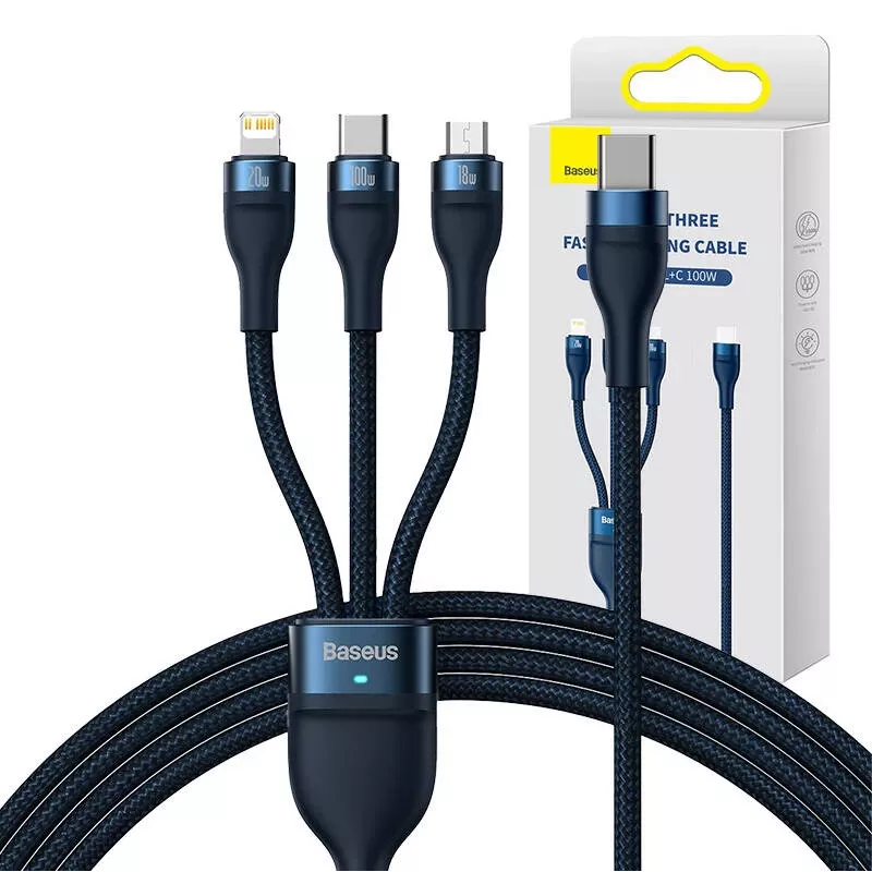 3in1 USB-kabel Baseus Flash Series 2, USB-C + Micro-USB + Lightning, 100 W, 1,5 m (blauw)