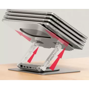 Laptopstandaard Unitek D1109B01 — verstelbare aluminium standaard met afneembare USB‑C HDMI 4K PD 100W, 2x USB‑A, RJ‑45, voor maximaal 17 inch