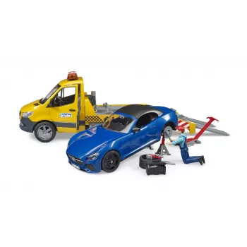 Bruder MB Sprinter autotransporter met licht- en geluidsmodule, oranje/blauw, incl. roadster