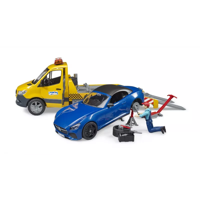 Bruder MB Sprinter autotransporter met licht- en geluidsmodule, oranje/blauw, incl. roadster