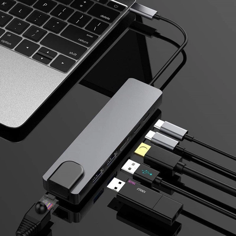 GEMBIRD USB Type-C 6-in-1 Multiport-adapter A-CM-COMBO5-06 — HDMI, PD 54W, Gigabit-LAN, 2× USB-A, Type-C (5 Gbit/s)