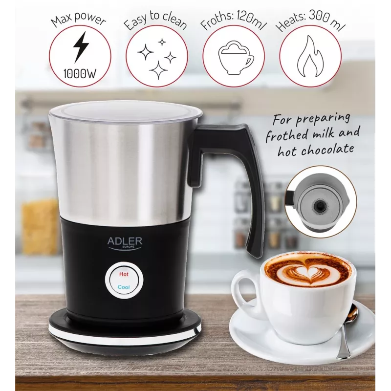 Automatische melkopschuimer Adler AD 4497 – RVS, 600W, 120 ml schuim / 300 ml verwarmen, warm & koud