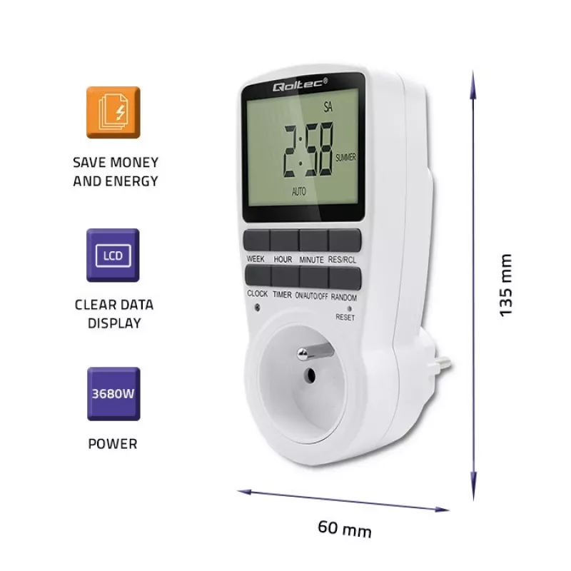 Elektronische timer QOLTEC PC0628 met LCD-display, 24-uurs countdown