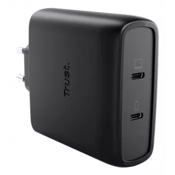 TRUST Maxo 100W 2-poorts USB-C GaN oplader — 100 W, 2× USB-C, max. 20 V, 2 m kabel, zwart