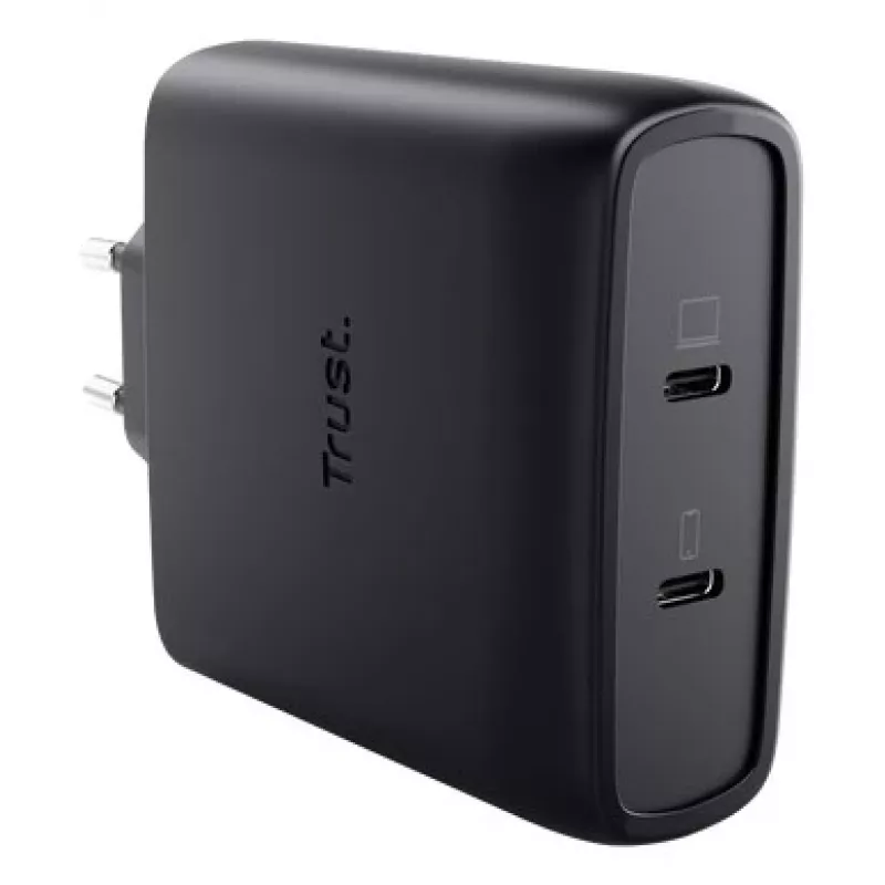 TRUST Maxo 100W 2-poorts USB-C GaN oplader — 100 W, 2× USB-C, max. 20 V, 2 m kabel, zwart