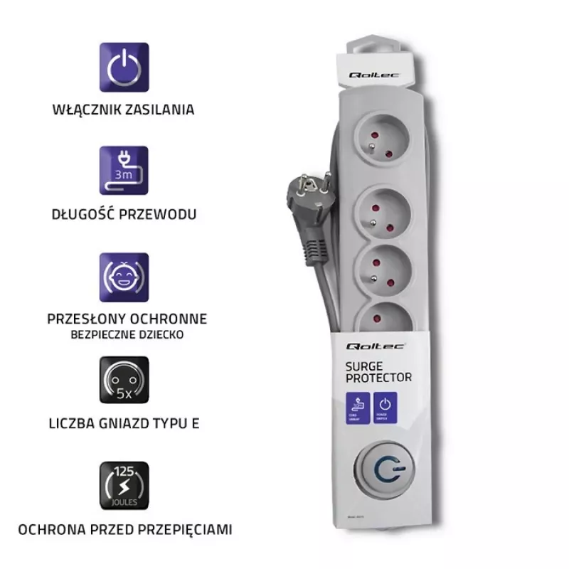 Overspanningsbeveiliging Qoltec 50272 grijs 5 AC-stopcontacten 230V 3m