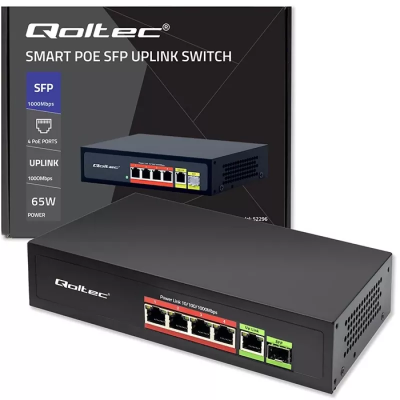 Ethernet PoE-switch QOLTEC 52296 — 4x RJ45 PoE-poorten, 1x RJ45 uplink