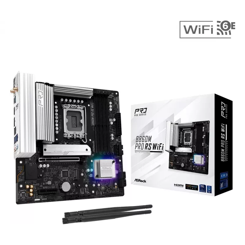 Moederbord ASRock B860M Pro RS WiFi — Intel B860, LGA 1851, micro ATX, DDR5, 4 DIMM, 3x M.2, 2.5Gb LAN, Wi‑Fi, Bluetooth