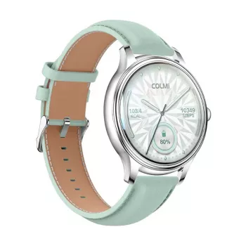 Smartwatch Colmi L28 – zilvergroene behuizing met groene lederen band