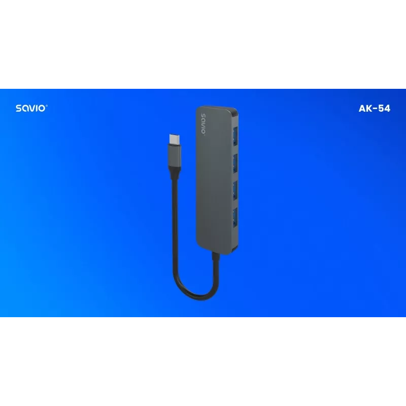 USB-hub SAVIO AK-54 — 4 x USB-A (USB 3.2 Gen 1), USB-C-host, zwart