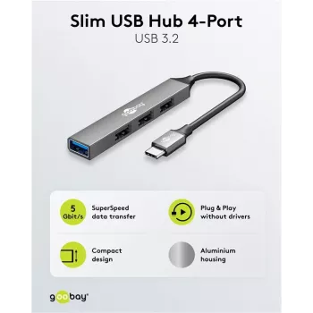 Goobay Slim 4-poorts USB-hub, USB-C™ naar USB-A, USB 3.2 (74457)