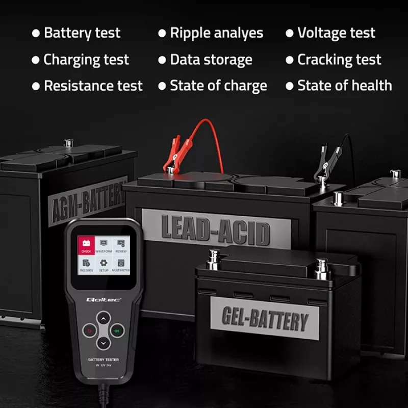 Qoltec 52489 digitale batterij-analyzer tester 3-in-1 met LCD en meertalig 6V | 12V | 24V | 30Ah-200Ah