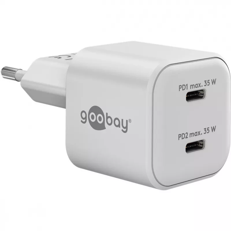 USB-C dual-fast oplader Nano, PD, GaN, 35 watt (wit, 2x USB-C, Power Delivery 3.0)