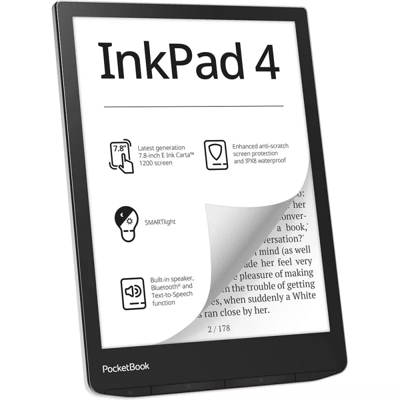PocketBook InkPad 4 - 19,8 cm (7.8) - E Ink Carta - 1404 x 1872 pixels - ACSM - AZW - AZW3 - CBR - CBZ - CHM - DOC - DOCX - DjVu - EPUB - EPUB DRM - FB2 - FB2.ZIP - HTM - HTML - MOB
