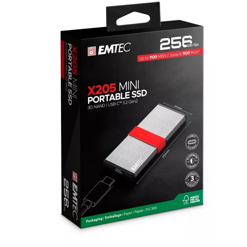 SSD Emtec 256GB Mini USB Type-C USB 3.2 Gen 2x2 zilver