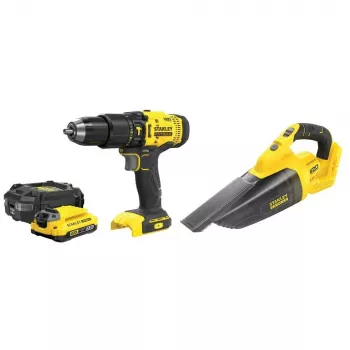 Accuboormachine-set STANLEY SFMCK219D1-QW — 18V (20V nominale spanning) Li‑Ion, 2 Ah accu, DCD709 boormachine, 6-delige set met oplader, koffer, LED-licht