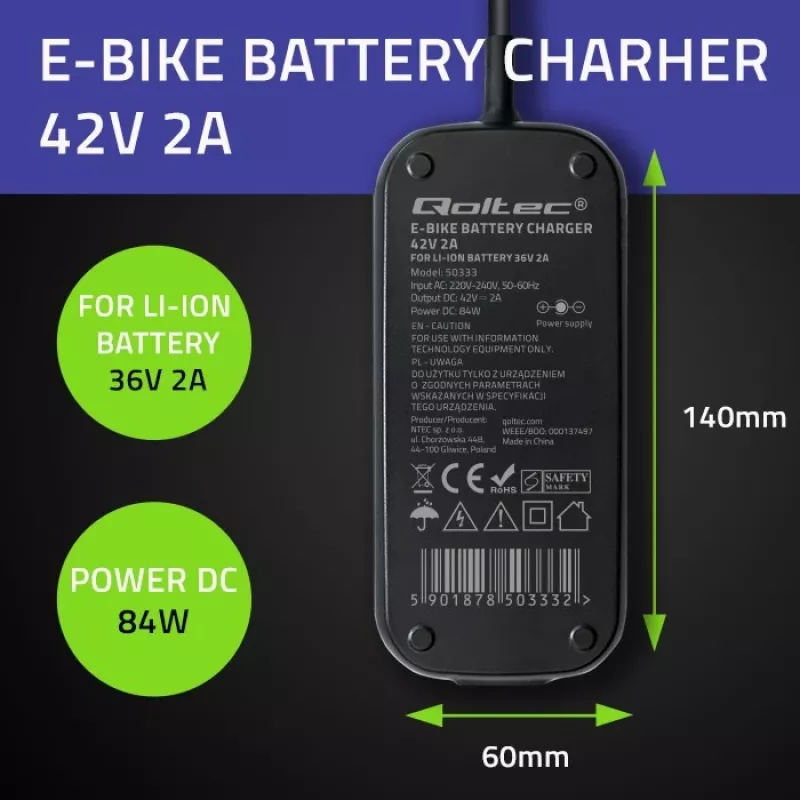 Qoltec snellader voor 36V elektrische scooter en e-bike | 42V | 2A | 5,5*2,5 | waterdicht + netsnoer