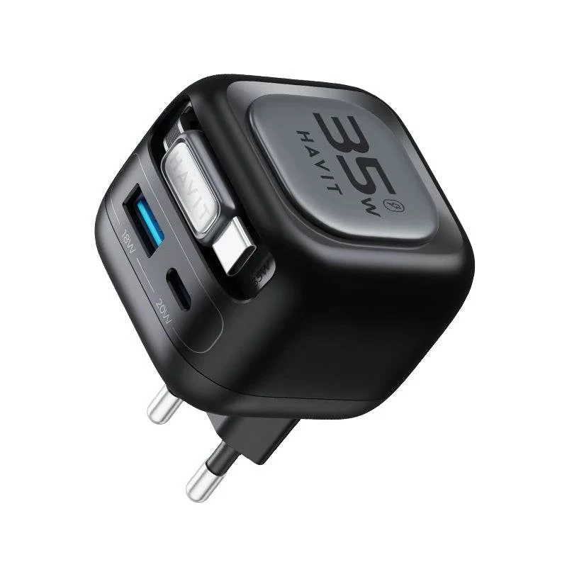 Havit UC250 A-EU GaN-reislader met uittrekbare kabel, zwart
