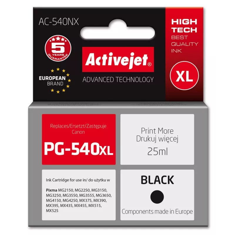 Activejet AC-540NX inkt voor Canon printer (vervanger voor Canon PG-540XL) Supreme, 25 ml, zwart