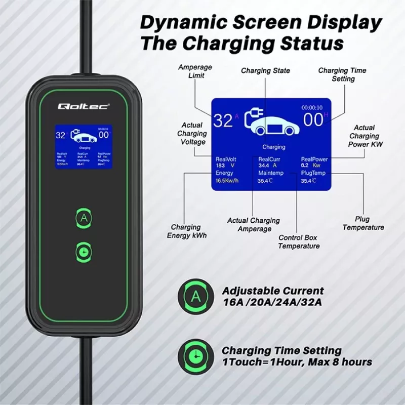 Qoltec Mobiele EV-autolader Verstelbaar 2in1 Type2 | 7kW | 230V | CEE 3 PIN | Wi-Fi | LCD | Draagbaar | Wallbox | 5m