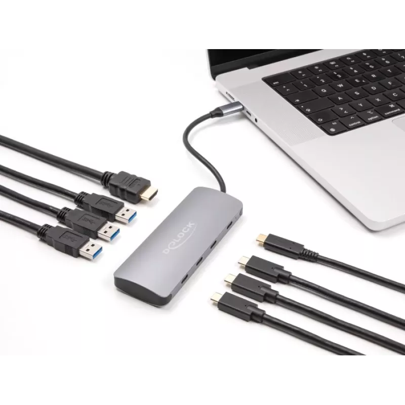 USB-C-hub DELOCK 64323 — USB 3.2 Gen 2 Type-C-host, HDMI + 2× USB-A + 2× USB-C, 10 Gbit/s, grijs