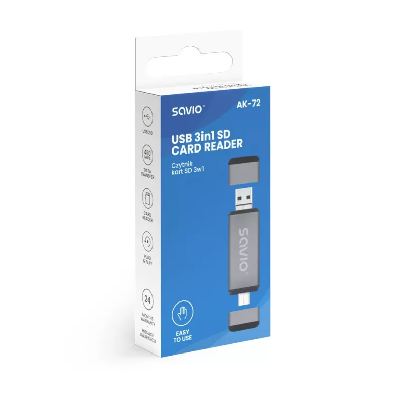 SD-kaartlezer 3-in-1, USB-C + USB-A 2.0 + Micro-USB