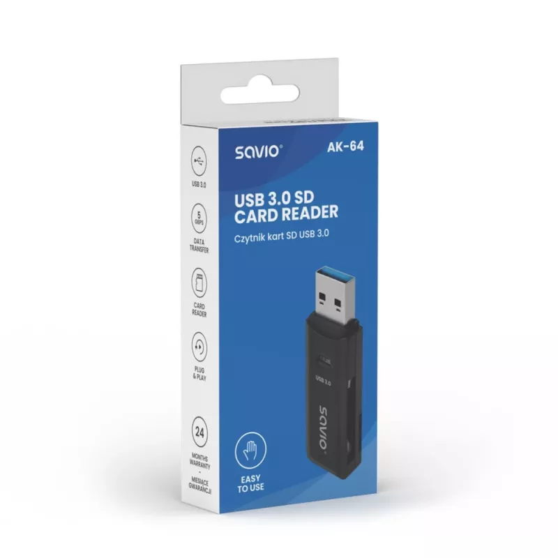 Kaartlezer SAVIO AK-64 USB 3.2 Gen 1 Type-A-uitgang, MicroSD-slot, 5000 Mbit/s, zwart