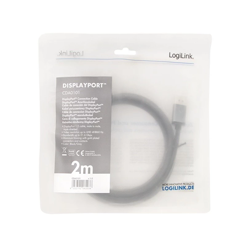 DisplayPort-kabel LogiLink CDA0101 2 m zwart grijs