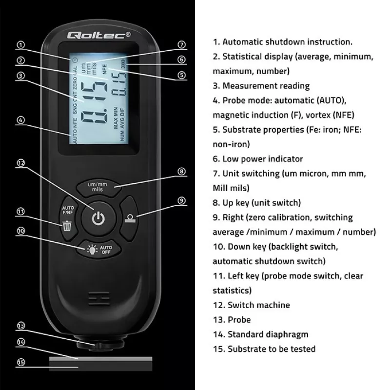Laagdiktemeter QOLTEC 50646 LCD 0–2000 µm