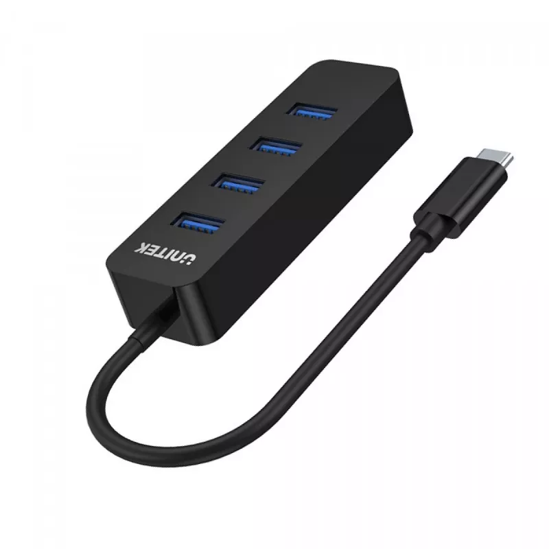 USB-hub Unitek uHUB Q4 – 4-poorts USB 3.2 Gen 1 (Type-A) hub, USB-C host, 5 Gbit/s, 10 W, zwart