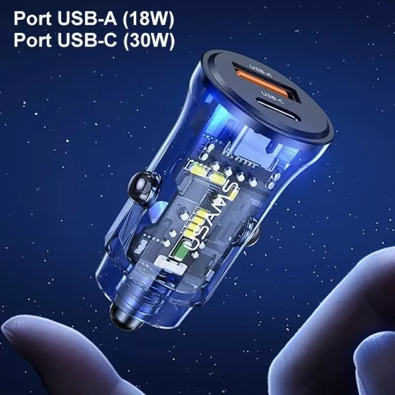 Autolader usams CC164CC01 30W met 1×USB-A en 1×USB-C voor snelladen