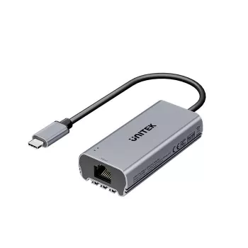 USB-C-naar-RJ45-adapter Unitek U1343AGY01 — 5 Gbit/s Ethernet, USB-C (stekker) naar RJ45 (bus), grijs, 0,15 m kabel