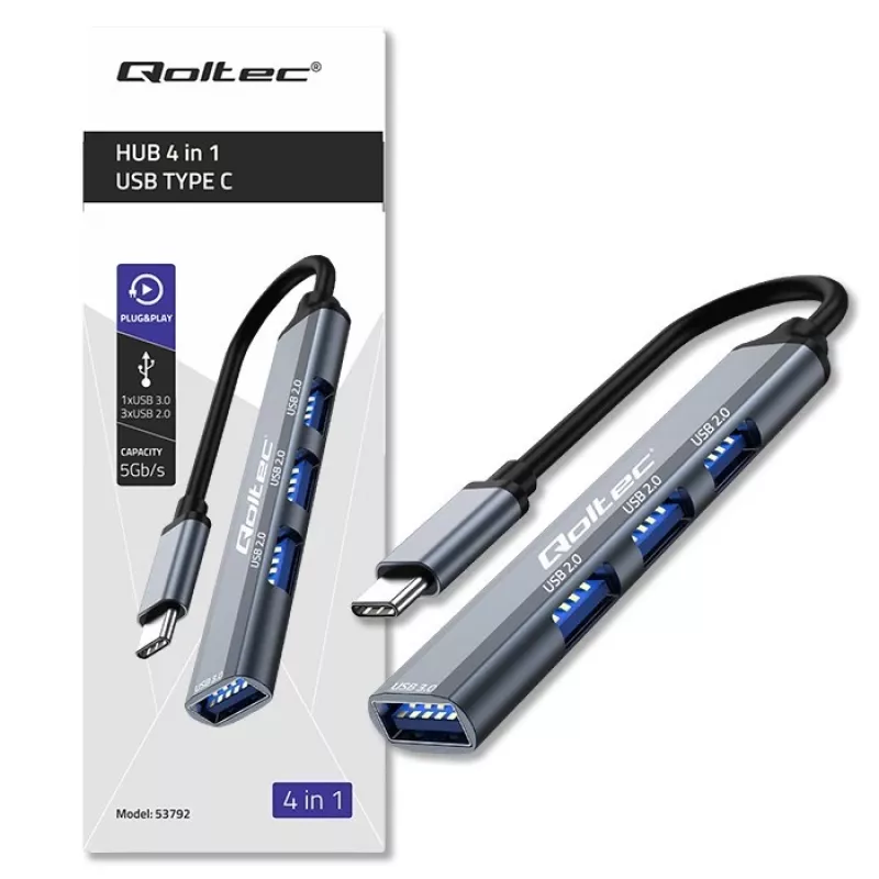 USB-hub QOLTEC 53792, USB-C 3.1 naar 4 poorten (USB 3.0 x1, USB 2.0 x3)