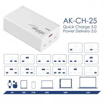 Akyga AK-CH-25 GaN tafel-USB-oplader 140 W, 3 x USB-C PD + USB-A, wit